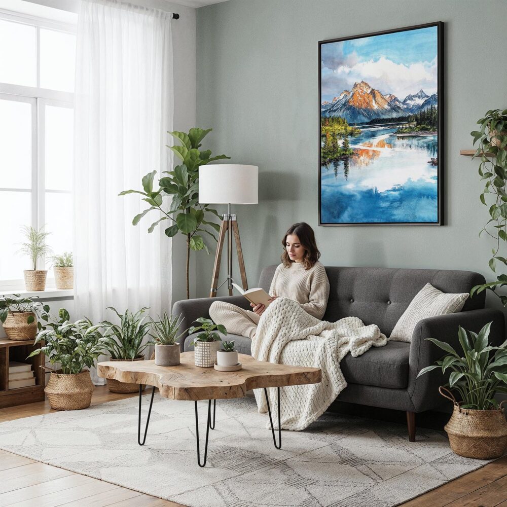 04 - Framed Lake Clark National Park Watercolor Canvas Print - Woman reading in Boho Living Room - Vertical.jpg 04 - Framed Lake Clark National Park Watercolor Canvas Print - Woman reading in Boho Living Room - Vertical.jpg