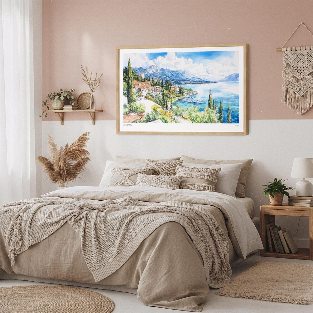 04 - Framed Lake Garda in Italy Watercolor - Horizontal Art Print in Boho Bedroom.jpg 04 - Framed Lake Garda in Italy Watercolor - Horizontal Art Print in Boho Bedroom.jpg