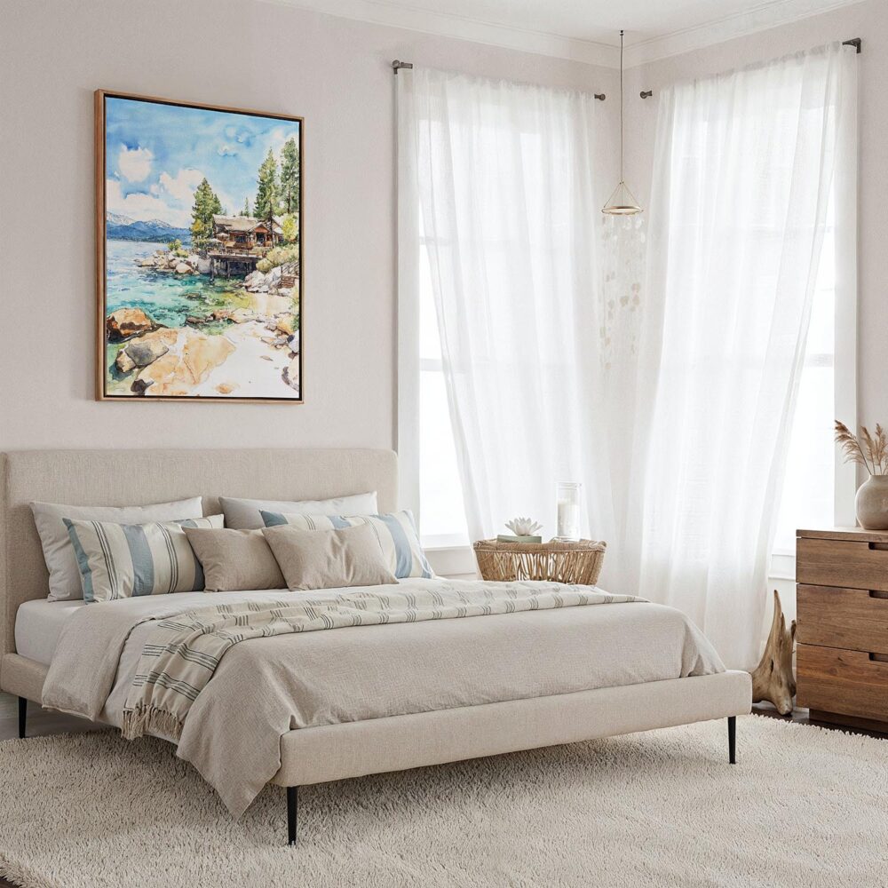 04 - Framed Lake Tahoe Cabin Watercolor Canvas Print - Coastal Bedroom - Vertical.jpg 04 - Framed Lake Tahoe Cabin Watercolor Canvas Print - Coastal Bedroom - Vertical.jpg