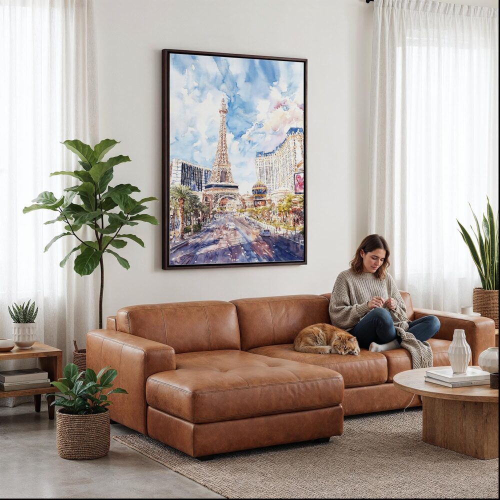04 - Framed Las Vegas Watercolor Canvas Print - Woman Knitting on leather couch - Vertical.jpg 04 - Framed Las Vegas Watercolor Canvas Print - Woman Knitting on leather couch - Vertical.jpg