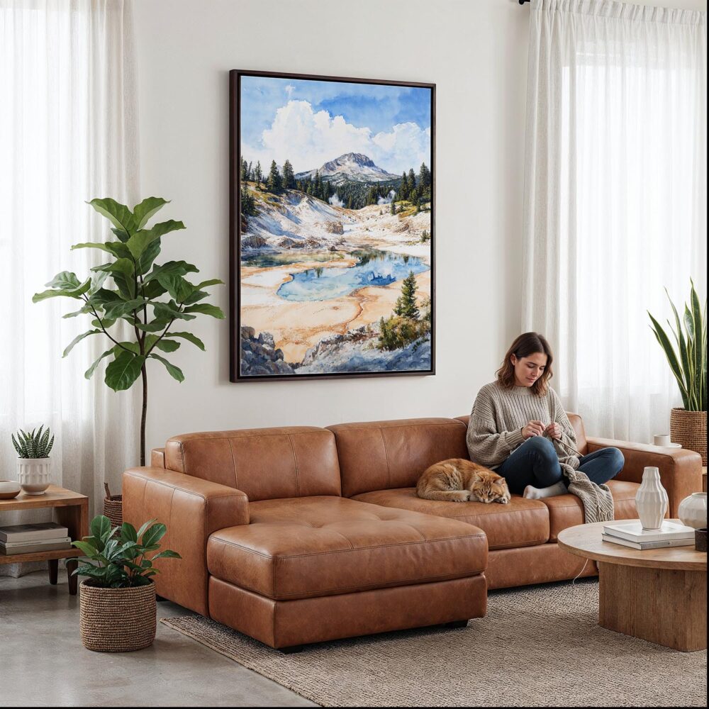 04 - Framed Lassen Volcanic National Park Watercolor Canvas Print - Woman Knitting on leather couch - Vertical.jpg 04 - Framed Lassen Volcanic National Park Watercolor Canvas Print - Woman Knitting on leather couch - Vertical.jpg
