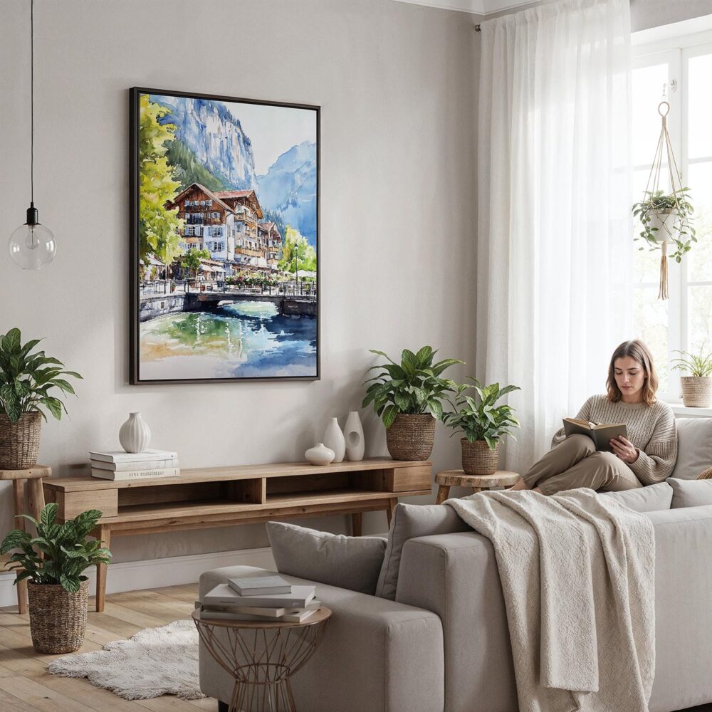 04 - Framed Lauterbrunnen Switzerland Watercolor Canvas Print - Woman reading in modern Living Room - Vertical.jpg 04 - Framed Lauterbrunnen Switzerland Watercolor Canvas Print - Woman reading in modern Living Room - Vertical.jpg