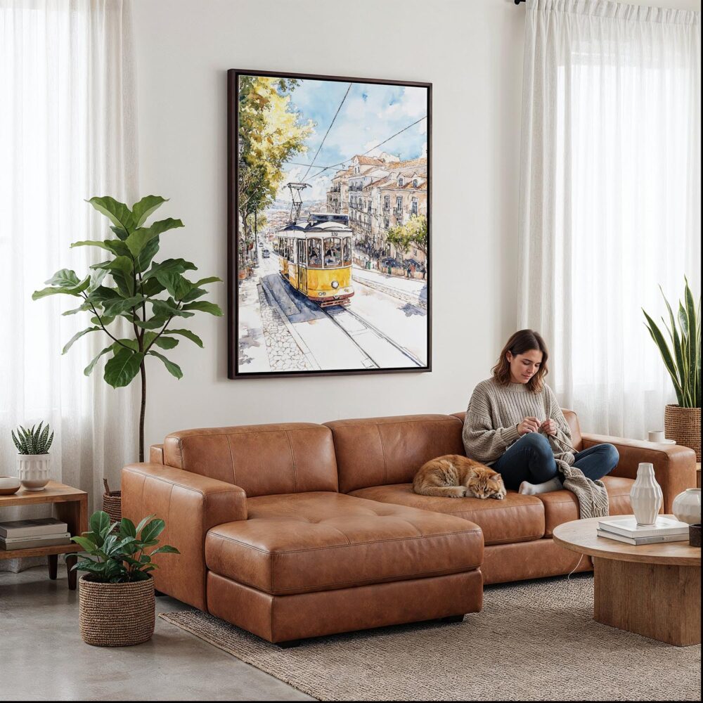 04 - Framed Lisbon 2- Watercolor Canvas Print - Woman Knitting on leather couch - Vertical.jpg 04 - Framed Lisbon 2- Watercolor Canvas Print - Woman Knitting on leather couch - Vertical.jpg