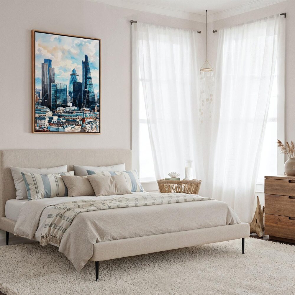 04 - Framed London Business Skyline Watercolor Canvas Print - Coastal Bedroom - Vertical.jpg 04 - Framed London Business Skyline Watercolor Canvas Print - Coastal Bedroom - Vertical.jpg