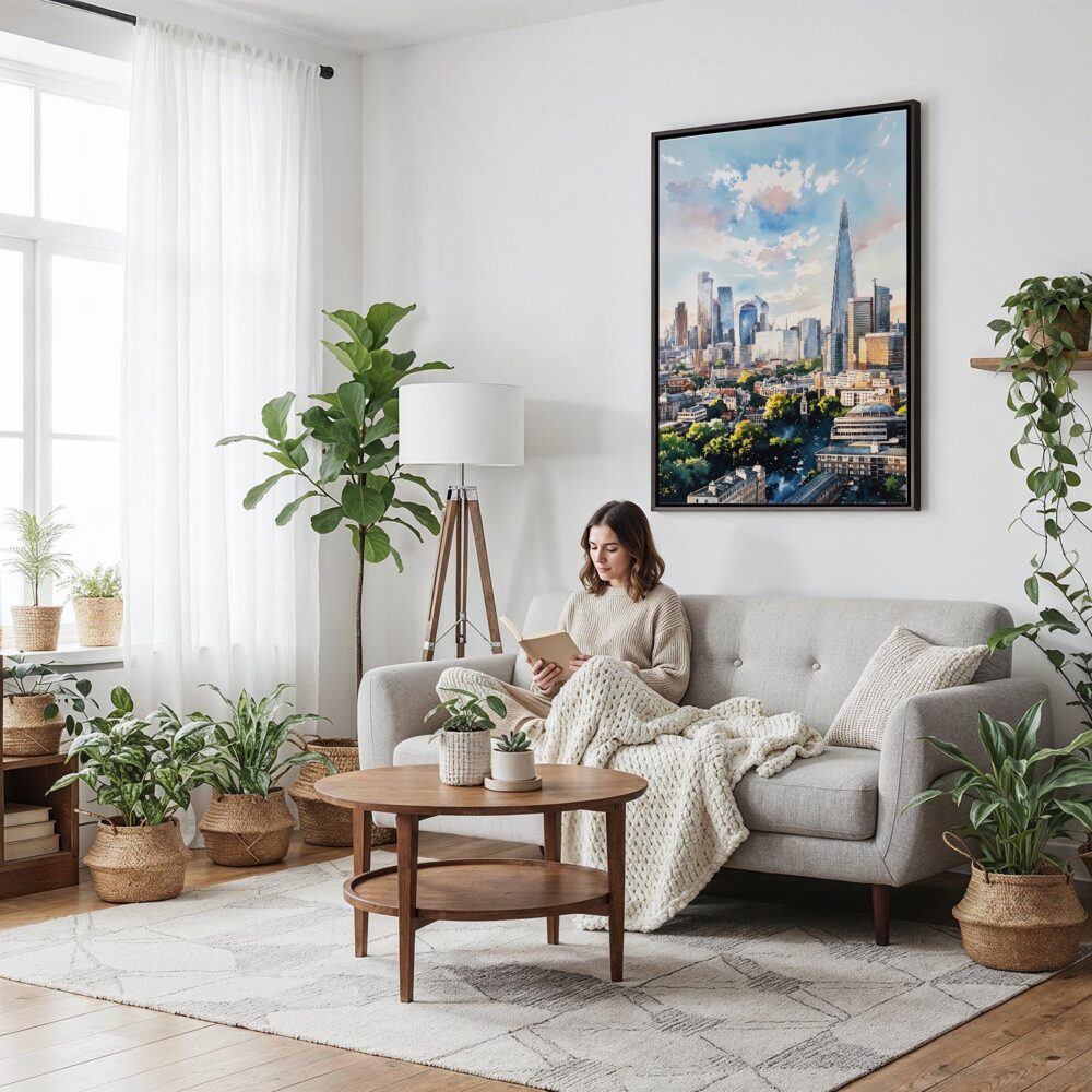 04 - Framed London The Shard Watercolor Canvas Print - Woman reading on couch - Vertical.jpg 04 - Framed London The Shard Watercolor Canvas Print - Woman reading on couch - Vertical.jpg