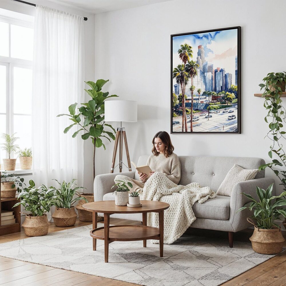 04 - Framed Los Angeles Downtown Watercolor Canvas Print - Woman reading on couch - Vertical.jpg 04 - Framed Los Angeles Downtown Watercolor Canvas Print - Woman reading on couch - Vertical.jpg