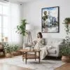 04 - Framed Los Angeles Downtown Watercolor Canvas Print - Woman reading on couch - Vertical.jpg