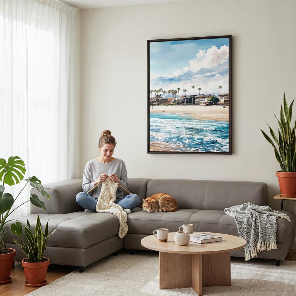04 - Framed Los Angeles Waterfront Homes Watercolor Canvas Print - Woman Knitting on grey couch - Vertical.jpg 04 - Framed Los Angeles Waterfront Homes Watercolor Canvas Print - Woman Knitting on grey couch - Vertical.jpg