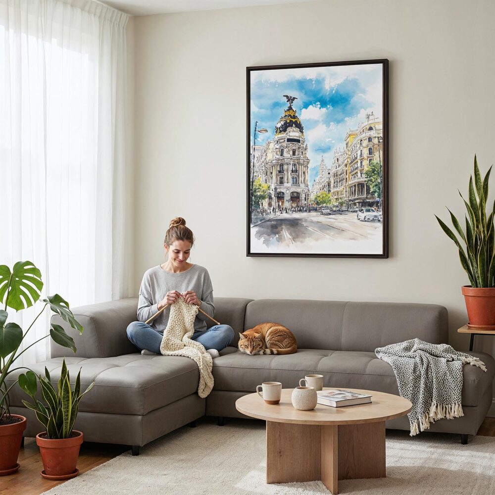 04 - Framed Madrid Watercolor Canvas Print - Woman Knitting on grey couch - Vertical.jpg 04 - Framed Madrid Watercolor Canvas Print - Woman Knitting on grey couch - Vertical.jpg