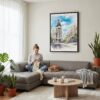 04 - Framed Madrid Watercolor Canvas Print - Woman Knitting on grey couch - Vertical.jpg