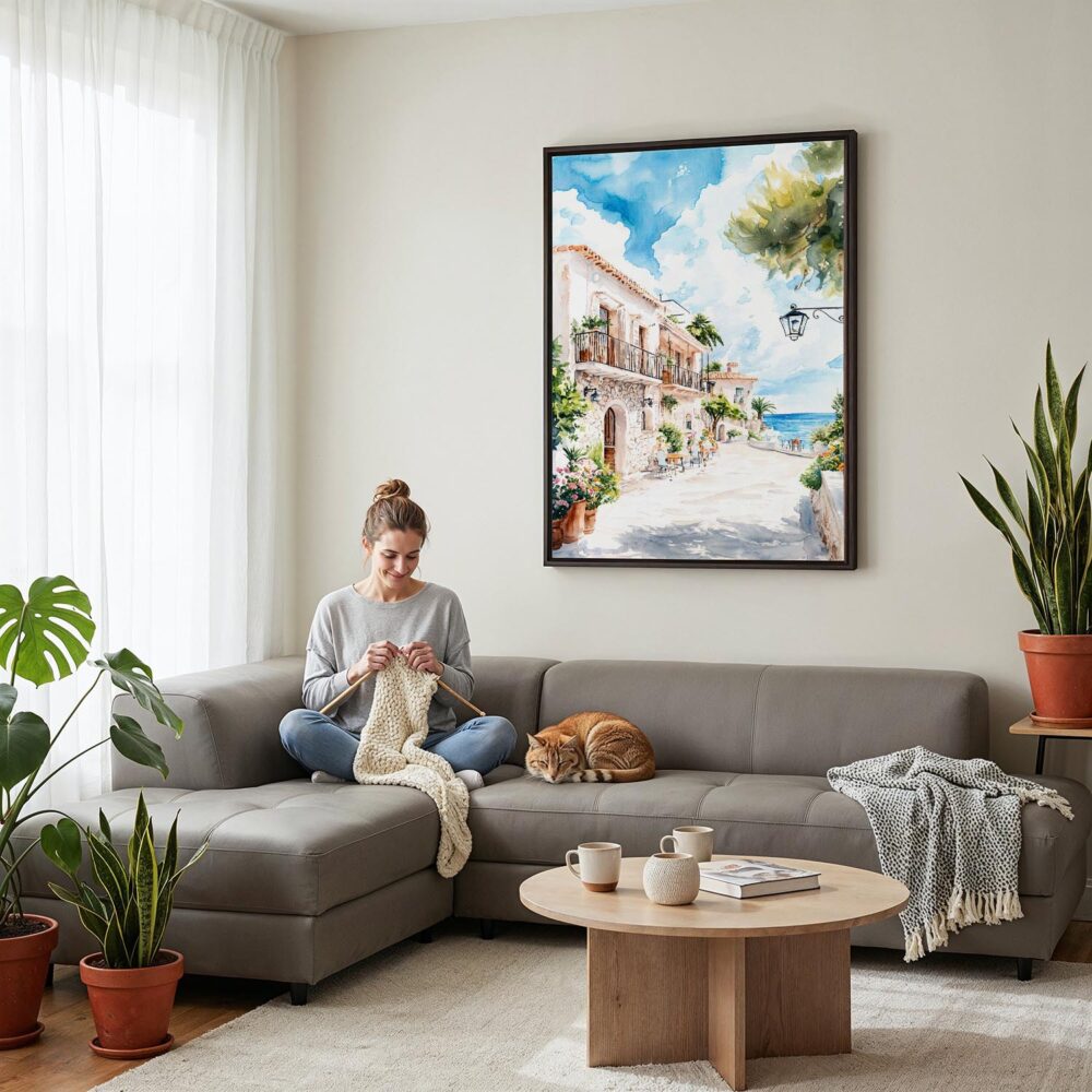 04 - Framed Mallorca Spain Watercolor Canvas Print - Woman Knitting on grey couch - Vertical.jpg 04 - Framed Mallorca Spain Watercolor Canvas Print - Woman Knitting on grey couch - Vertical.jpg