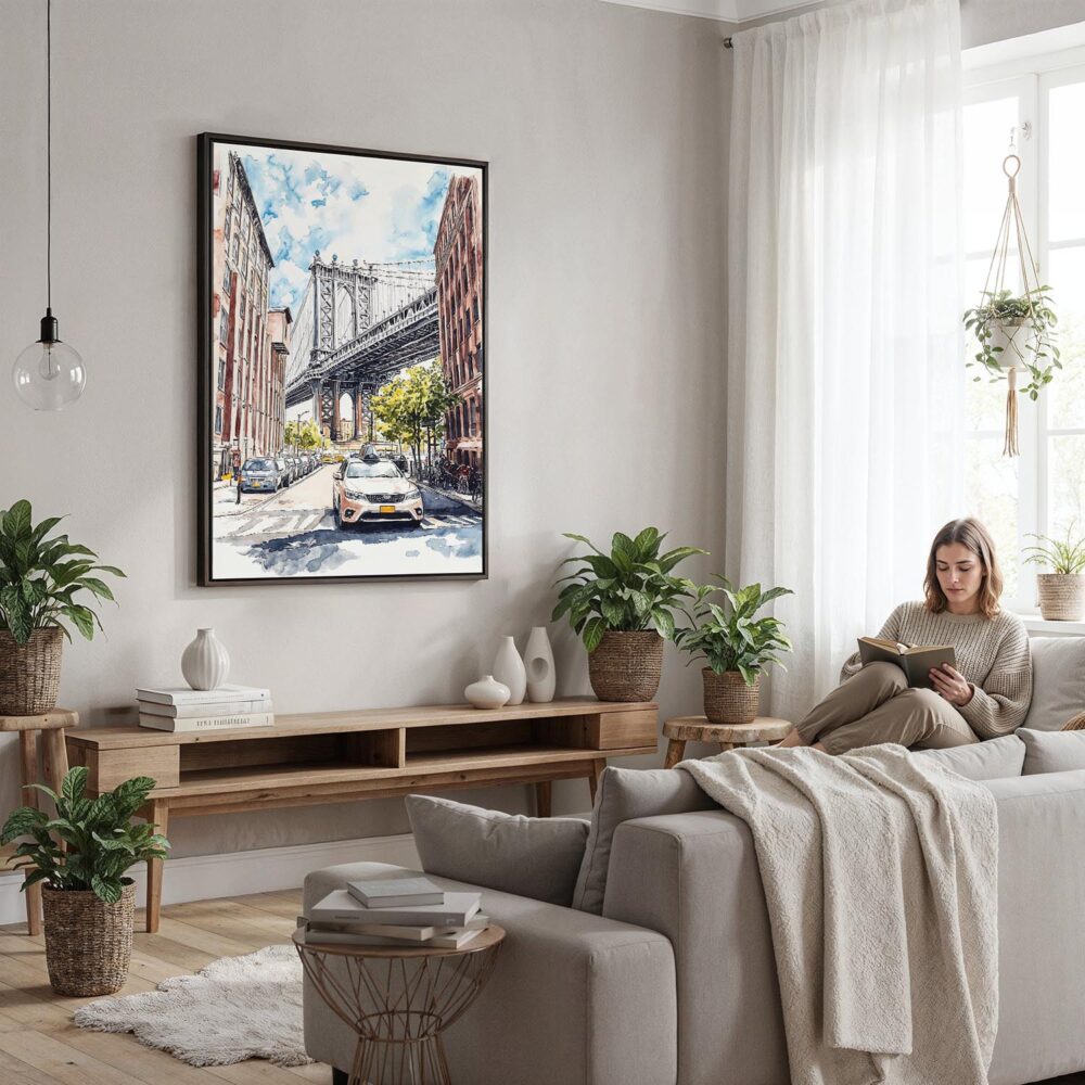 04 - Framed Manhattan bridge - Watercolor Canvas Print - Woman reading in modern Living Room - Vertical.jpg 04 - Framed Manhattan bridge - Watercolor Canvas Print - Woman reading in modern Living Room - Vertical.jpg