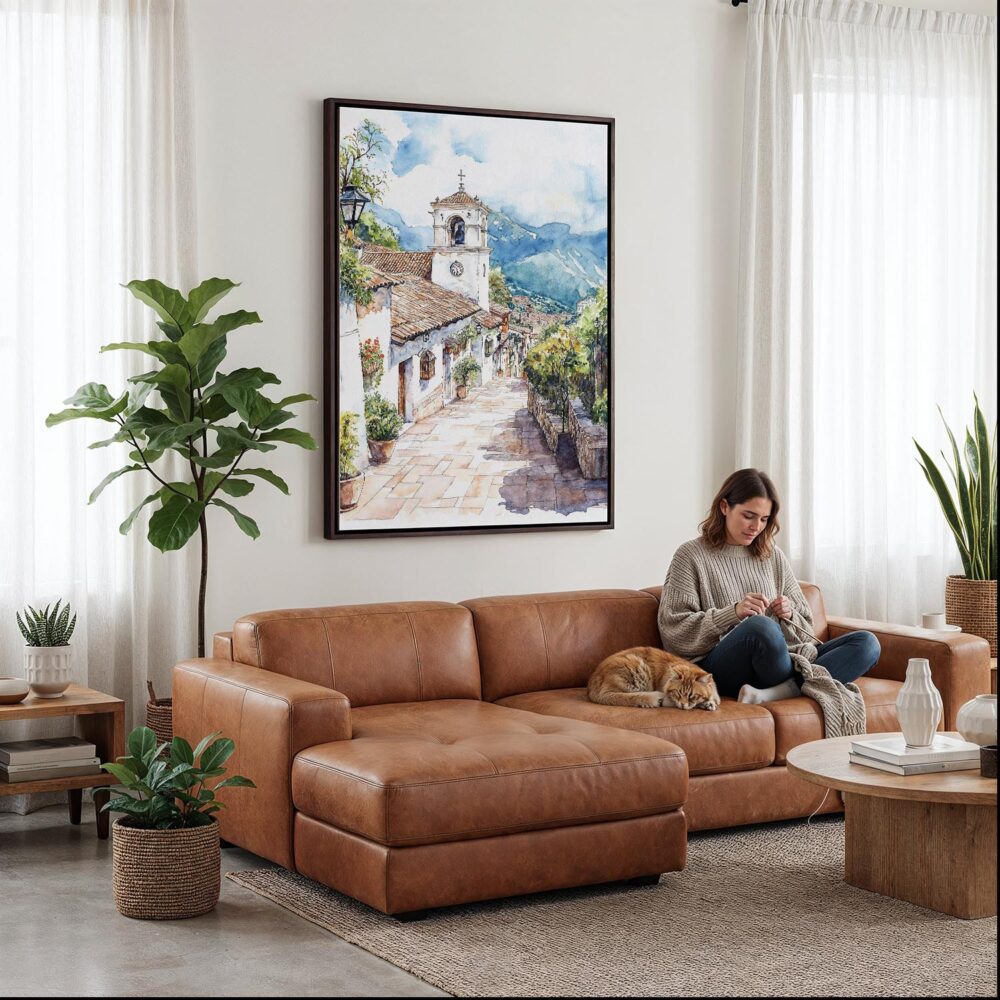 04 - Framed Medellin Old Town Watercolor Canvas Print - Woman Knitting on leather couch - Vertical.jpg 04 - Framed Medellin Old Town Watercolor Canvas Print - Woman Knitting on leather couch - Vertical.jpg