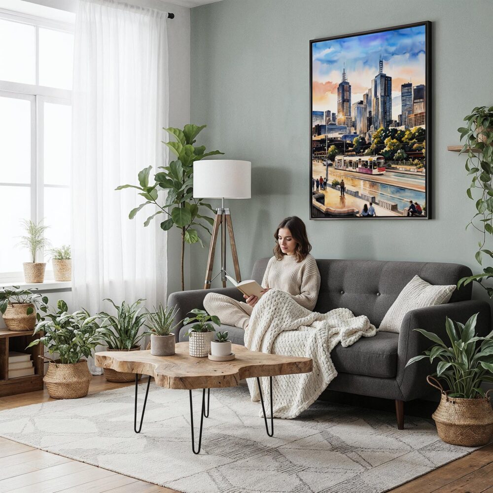 04 - Framed Melbourne Canvas Print - Woman reading in Boho Living Room - Vertical.jpg 04 - Framed Melbourne Canvas Print - Woman reading in Boho Living Room - Vertical.jpg