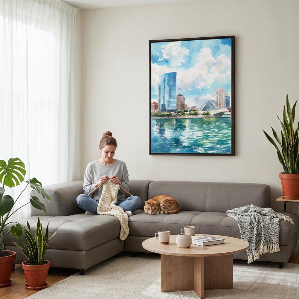 04 - Framed Milwaukee Skyline Watercolor Canvas Print - Woman Knitting on grey couch - Vertical.jpg 04 - Framed Milwaukee Skyline Watercolor Canvas Print - Woman Knitting on grey couch - Vertical.jpg
