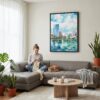 04 - Framed Milwaukee Skyline Watercolor Canvas Print - Woman Knitting on grey couch - Vertical.jpg