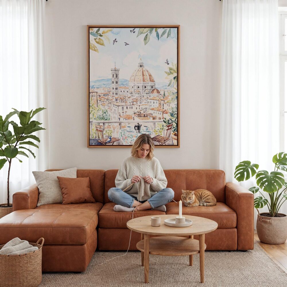 04 - Framed Morning Coffee in Florence Watercolor Canvas Print - Woman Knitting - Vertical.jpg 04 - Framed Morning Coffee in Florence Watercolor Canvas Print - Woman Knitting - Vertical.jpg