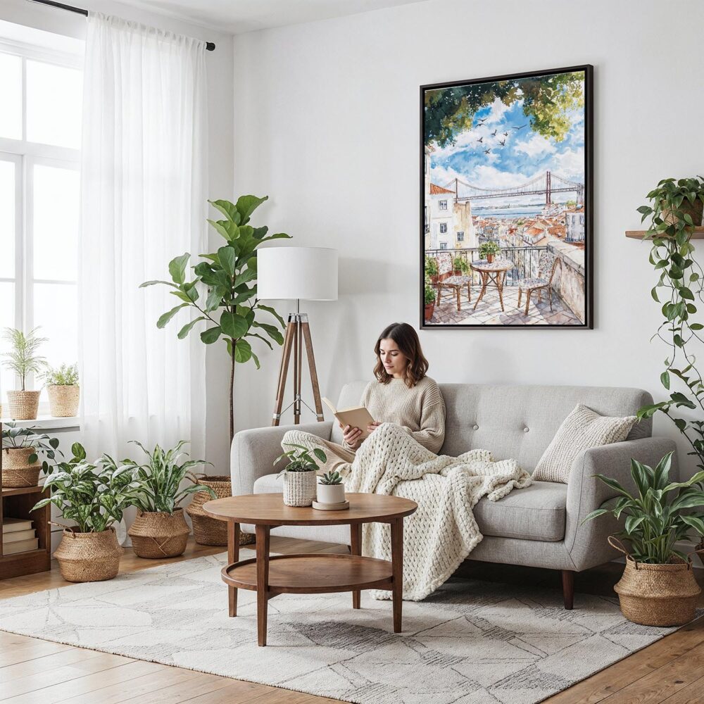 04 - Framed Morning Coffee in Lisbon Watercolor Canvas Print - Woman reading on couch - Vertical.jpg 04 - Framed Morning Coffee in Lisbon Watercolor Canvas Print - Woman reading on couch - Vertical.jpg