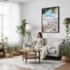 04 - Framed Morning Coffee in Lisbon Watercolor Canvas Print - Woman reading on couch - Vertical.jpg