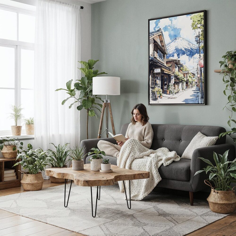 04 - Framed Mount Fuji and Village - Watercolor Canvas Print - Woman reading in Boho Living Room - Vertical.jpg 04 - Framed Mount Fuji and Village - Watercolor Canvas Print - Woman reading in Boho Living Room - Vertical.jpg