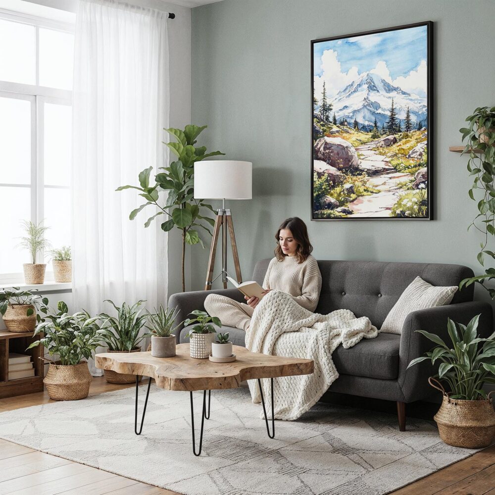 04 - Framed Mount Rainier - Watercolor Canvas Print - Woman reading in Boho Living Room - Vertical.jpg 04 - Framed Mount Rainier - Watercolor Canvas Print - Woman reading in Boho Living Room - Vertical.jpg