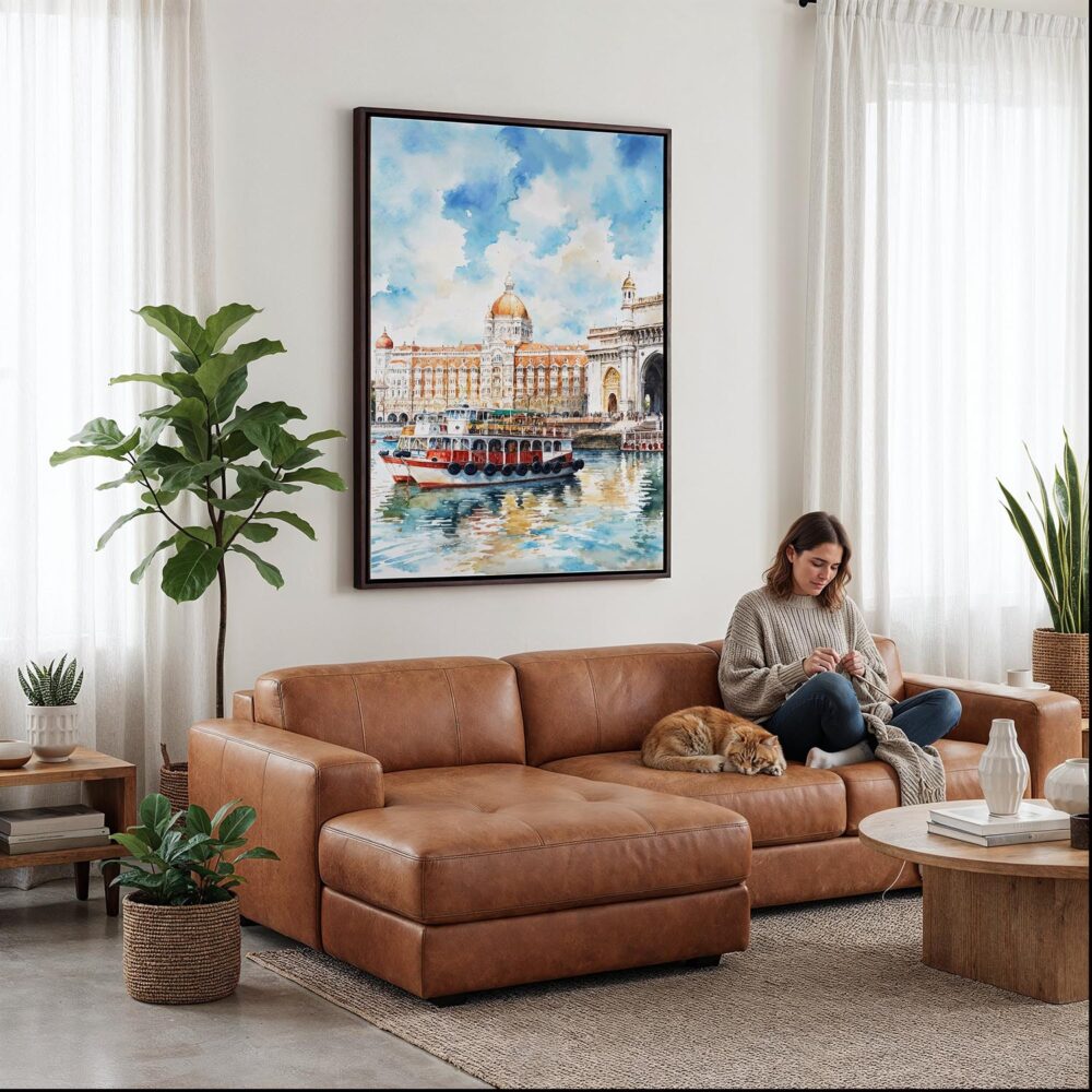 04 - Framed Mumbai Taj Mahal Palace Watercolor Canvas Print - Woman Knitting on leather couch - Vertical.jpg 04 - Framed Mumbai Taj Mahal Palace Watercolor Canvas Print - Woman Knitting on leather couch - Vertical.jpg