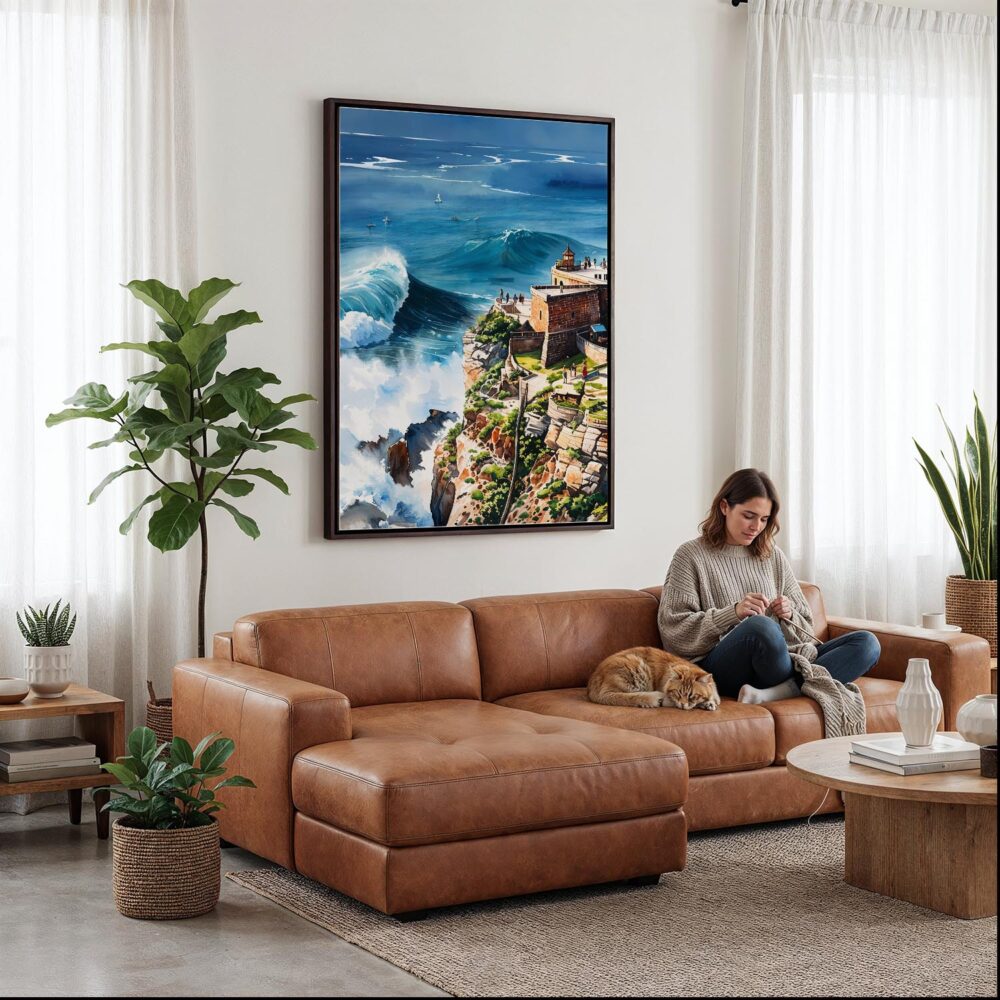 04 - Framed Nazare Portugal Watercolor Canvas Print - Woman Knitting on leather couch - Vertical.jpg 04 - Framed Nazare Portugal Watercolor Canvas Print - Woman Knitting on leather couch - Vertical.jpg