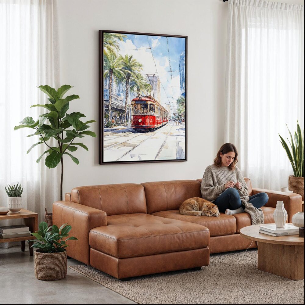 04 - Framed New Orleans Canal Street Watercolor Canvas Print - Woman Knitting on leather couch - Vertical.jpg 04 - Framed New Orleans Canal Street Watercolor Canvas Print - Woman Knitting on leather couch - Vertical.jpg