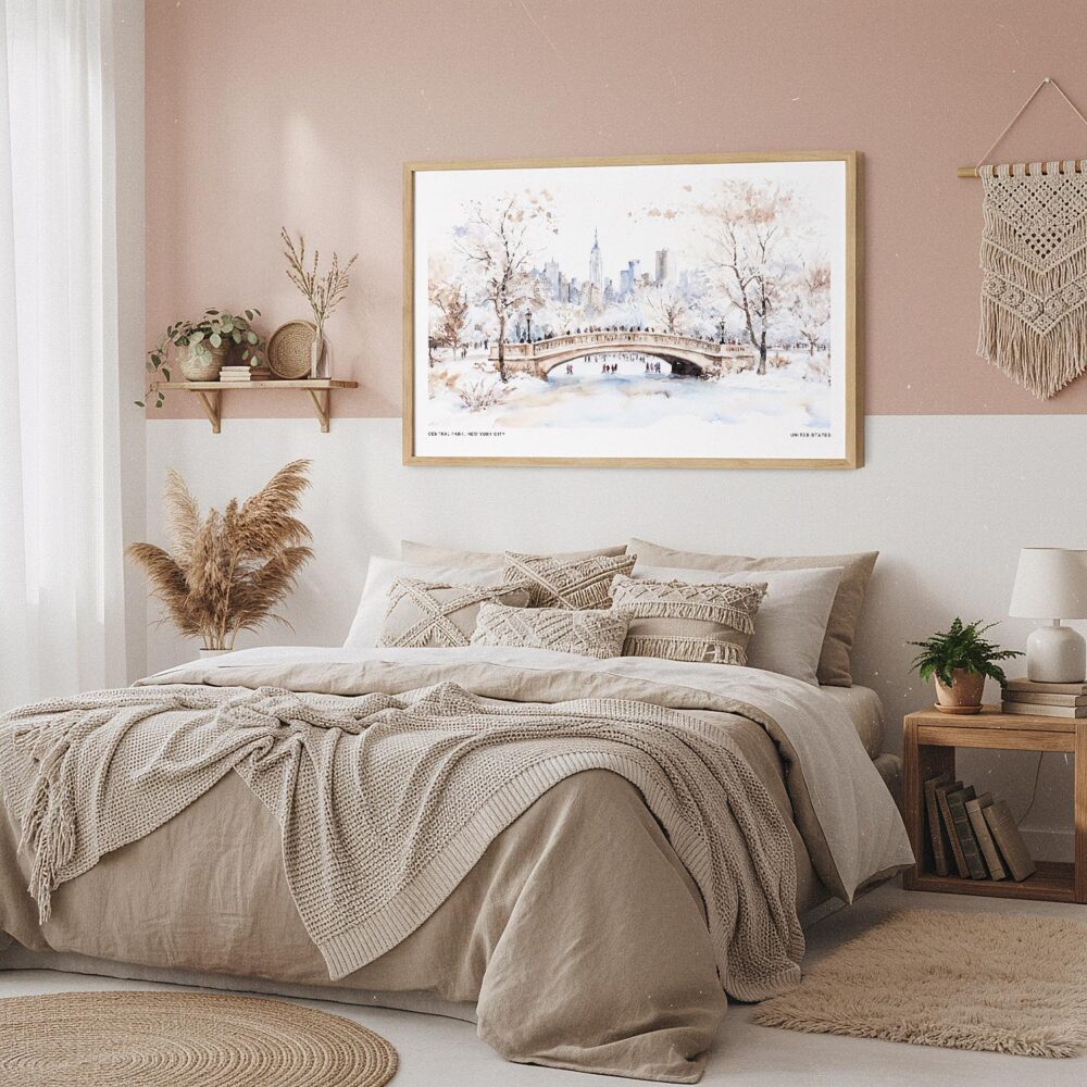 04 - Framed New York Central Park in Winter Watercolor - Horizontal Art Print in Boho Bedroom.jpg 04 - Framed New York Central Park in Winter Watercolor - Horizontal Art Print in Boho Bedroom.jpg