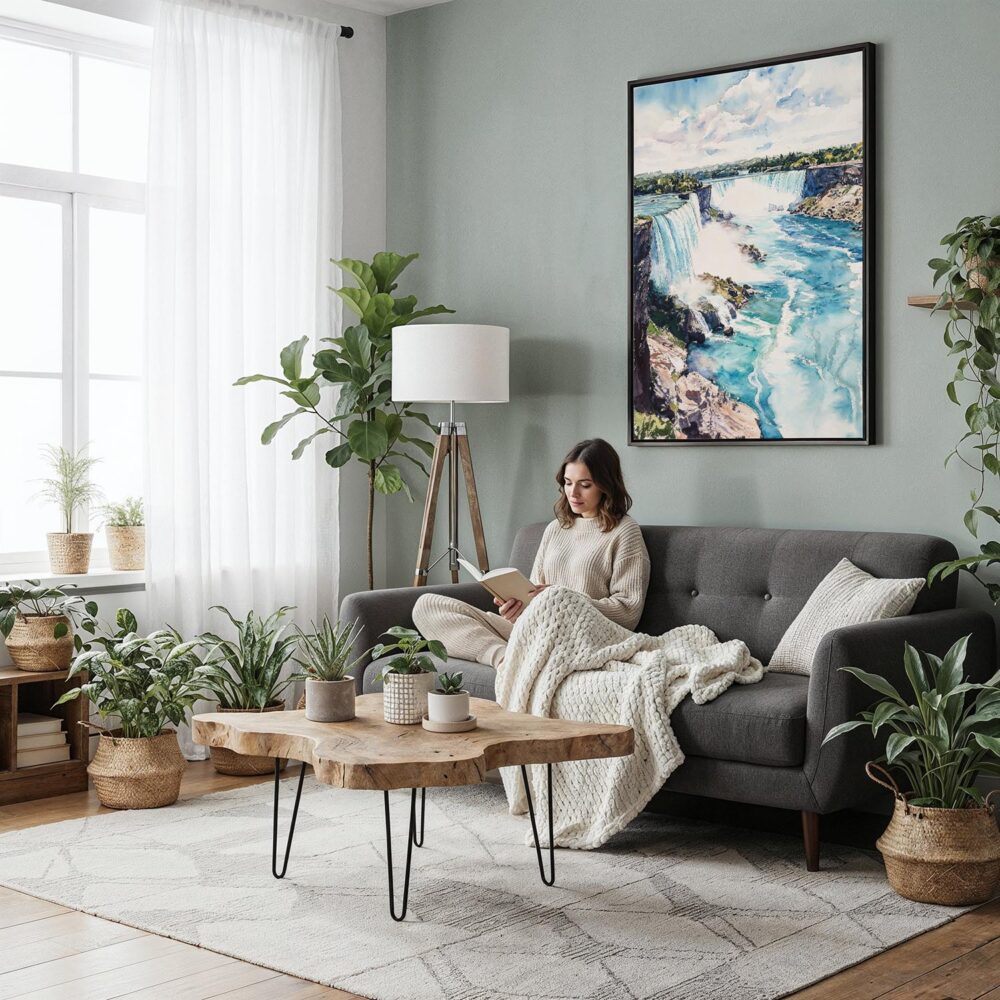 04 - Framed Niagara Falls Watercolor Canvas Print - Woman reading in Boho Living Room - Vertical.jpg 04 - Framed Niagara Falls Watercolor Canvas Print - Woman reading in Boho Living Room - Vertical.jpg