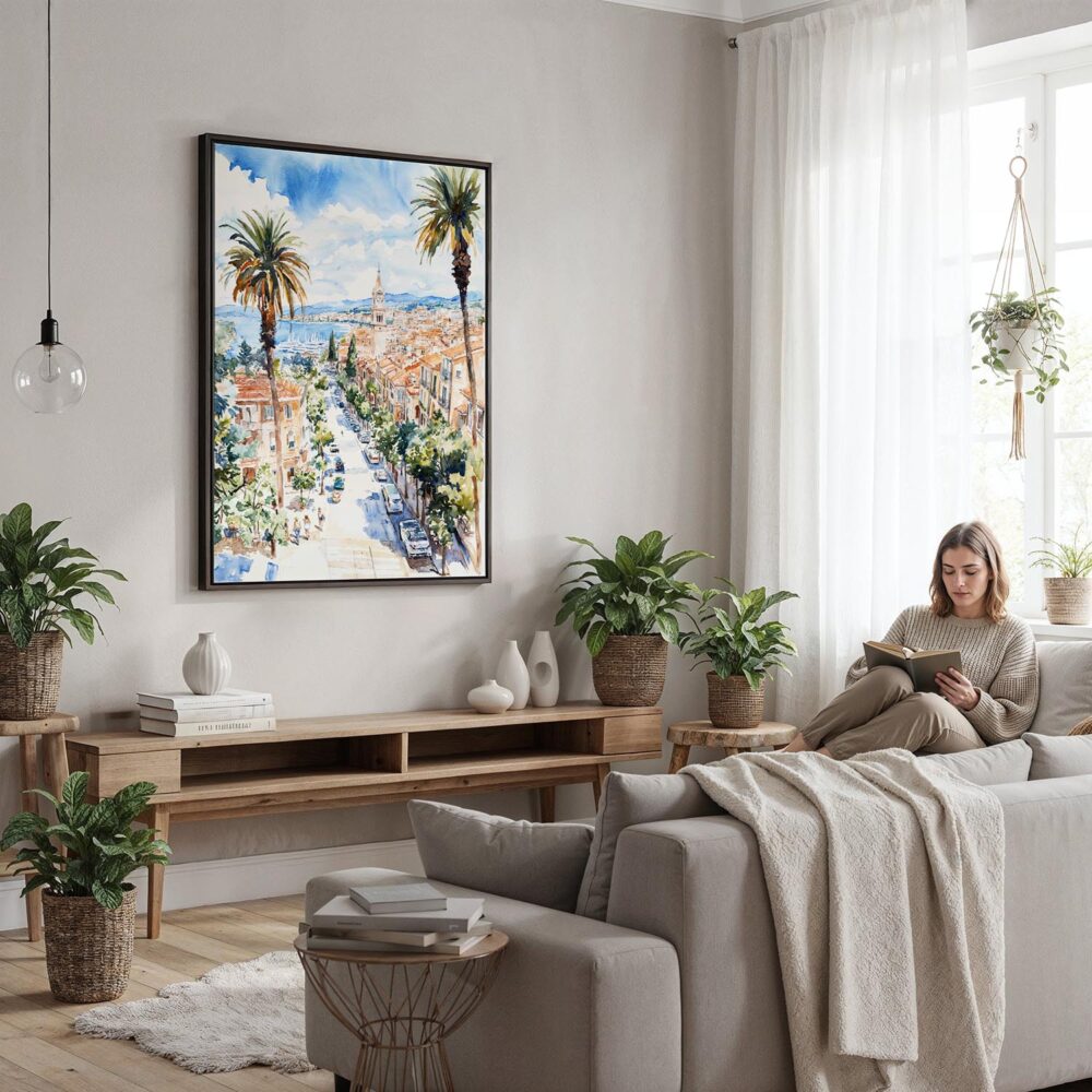 04 - Framed Nice France Watercolor Canvas Print - Woman reading in modern Living Room - Vertical.jpg 04 - Framed Nice France Watercolor Canvas Print - Woman reading in modern Living Room - Vertical.jpg