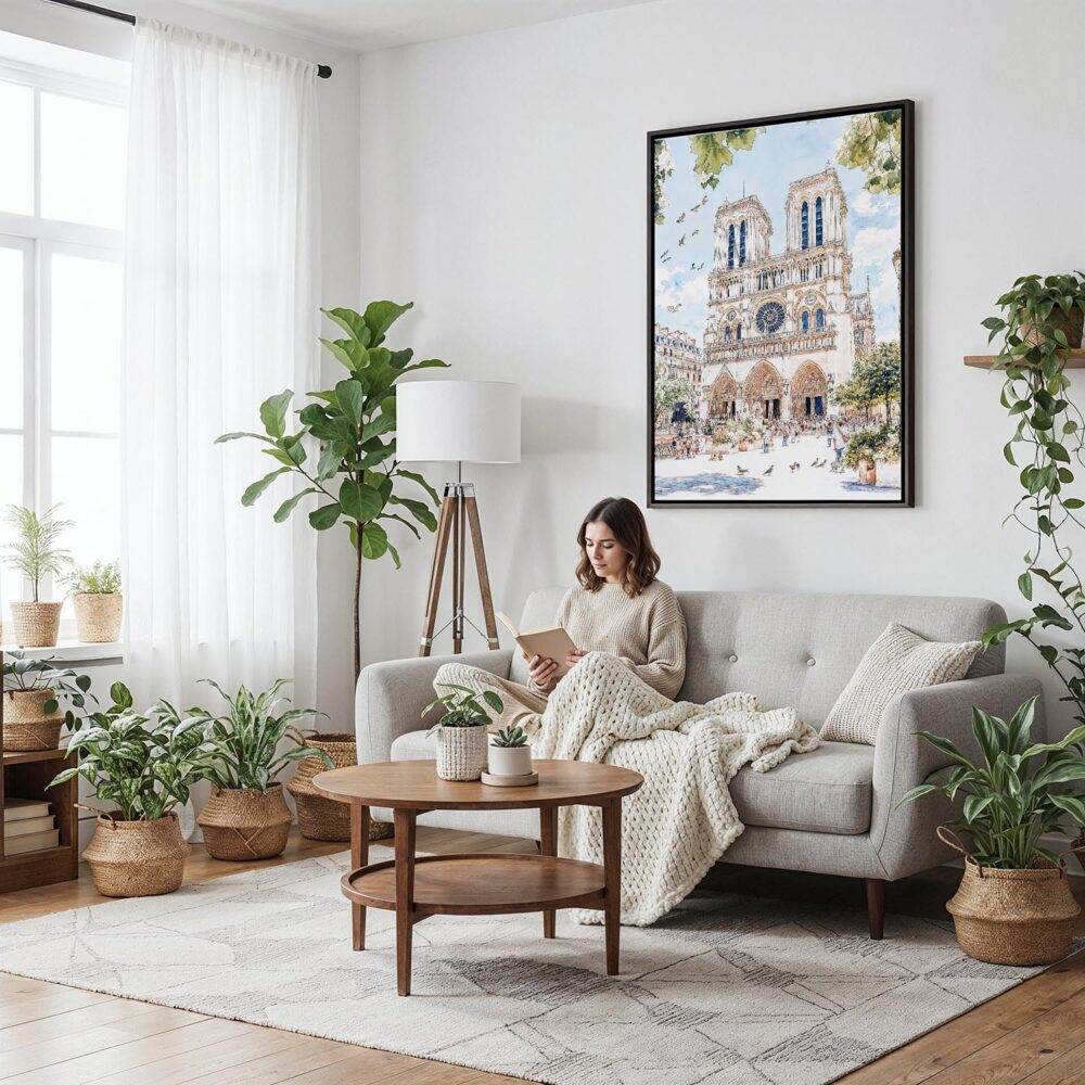 04 - Framed Notre Dame Watercolor Canvas Print - Woman reading on couch - Vertical.jpg 04 - Framed Notre Dame Watercolor Canvas Print - Woman reading on couch - Vertical.jpg