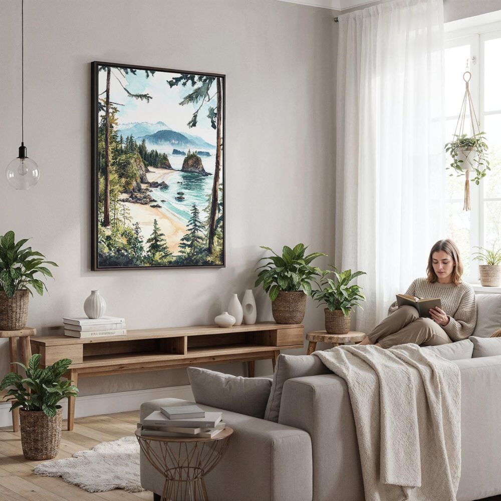 04 - Framed Olympic National Park Watercolor Canvas Print - Woman reading in modern Living Room - Vertical.jpg 04 - Framed Olympic National Park Watercolor Canvas Print - Woman reading in modern Living Room - Vertical.jpg
