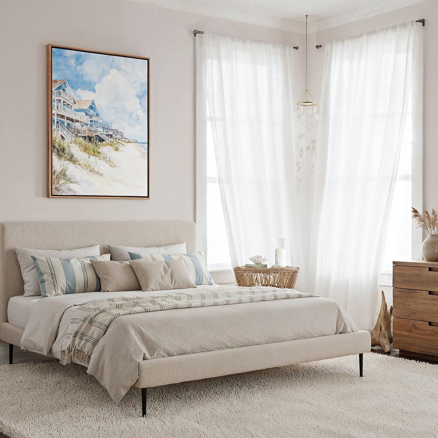 04 - Framed Outer Banks Cottage Watercolor Canvas Print - Coastal Bedroom - Vertical.jpg