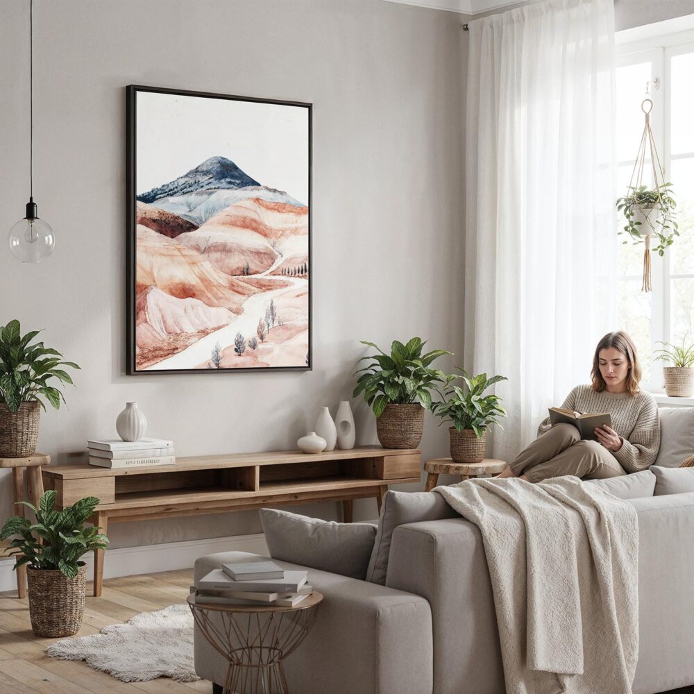 04 - Framed Painted Hills Oregon Watercolor Canvas Print - Woman reading in modern Living Room - Vertical.jpg 04 - Framed Painted Hills Oregon Watercolor Canvas Print - Woman reading in modern Living Room - Vertical.jpg
