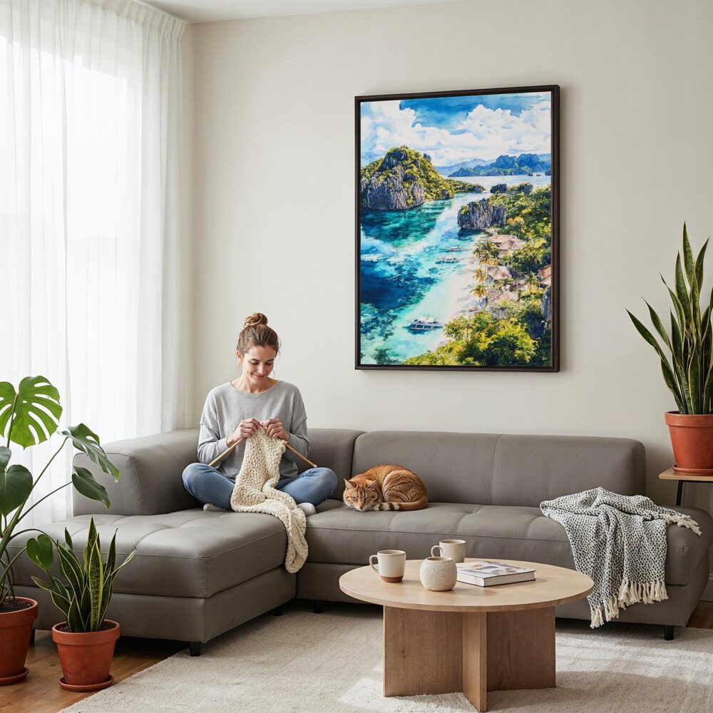 04 - Framed Palawan Philippines Watercolor Canvas Print - Woman Knitting on grey couch - Vertical.jpg 04 - Framed Palawan Philippines Watercolor Canvas Print - Woman Knitting on grey couch - Vertical.jpg