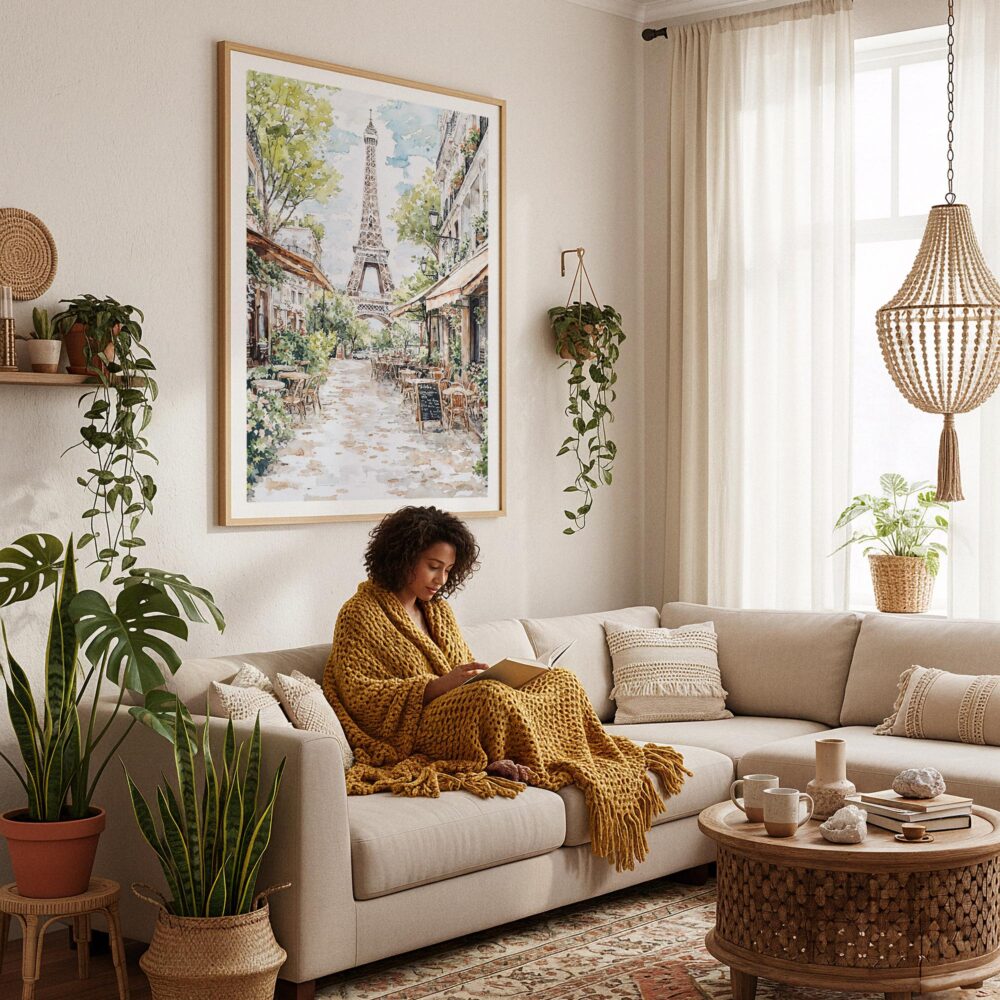 04 - Framed Paris Cafe street scene with eiffel tower Watercolor@2x Art Print - In Bohi Living Room with Woman reading - Vertical.jpg 04 - Framed Paris Cafe street scene with eiffel tower Watercolor@2x Art Print - In Bohi Living Room with Woman reading - Vertical.jpg