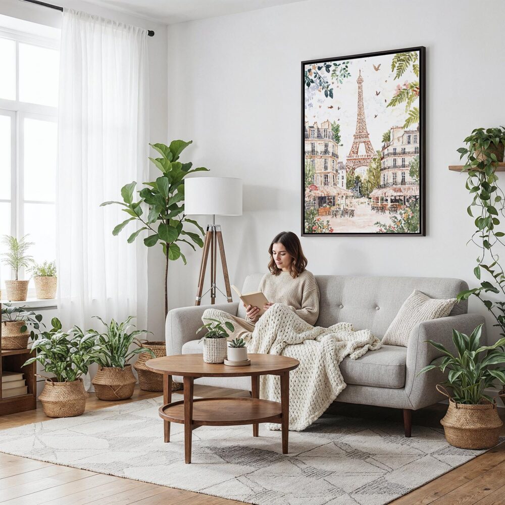 04 - Framed Paris Eiffel Tower Soft Watercolor Canvas Print - Woman reading on couch - Vertical.jpg 04 - Framed Paris Eiffel Tower Soft Watercolor Canvas Print - Woman reading on couch - Vertical.jpg