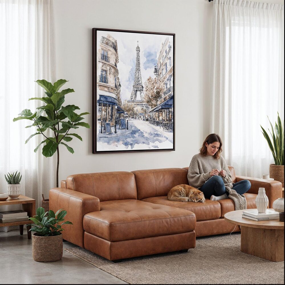 04 - Framed Paris Watercolor Canvas Print - Woman Knitting on leather couch - Vertical.jpg 04 - Framed Paris Watercolor Canvas Print - Woman Knitting on leather couch - Vertical.jpg
