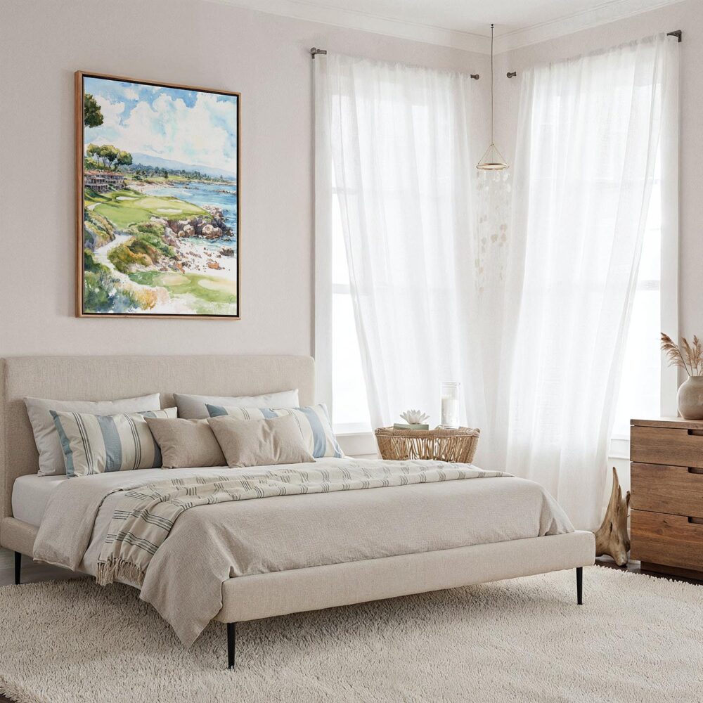 04 - Framed Pebble Beach Golf Course Watercolor Canvas Print - Coastal Bedroom - Vertical.jpg 04 - Framed Pebble Beach Golf Course Watercolor Canvas Print - Coastal Bedroom - Vertical.jpg