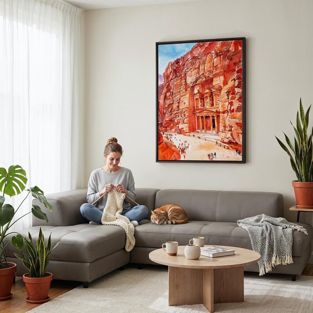 04 - Framed Petra Jordan Watercolor Canvas Print - Woman Knitting on grey couch - Vertical.jpg 04 - Framed Petra Jordan Watercolor Canvas Print - Woman Knitting on grey couch - Vertical.jpg