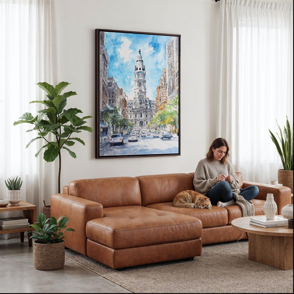 04 - Framed Philadelphia City Hall Canvas Print - Woman Knitting on leather couch - Vertical.jpg 04 - Framed Philadelphia City Hall Canvas Print - Woman Knitting on leather couch - Vertical.jpg