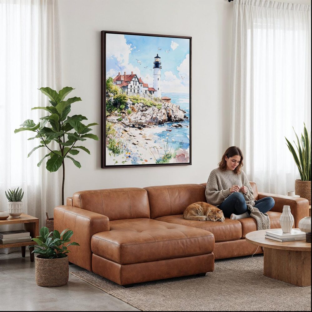 04 - Framed Portland Maine Watercolor Canvas Print - Woman Knitting on leather couch - Vertical.jpg 04 - Framed Portland Maine Watercolor Canvas Print - Woman Knitting on leather couch - Vertical.jpg