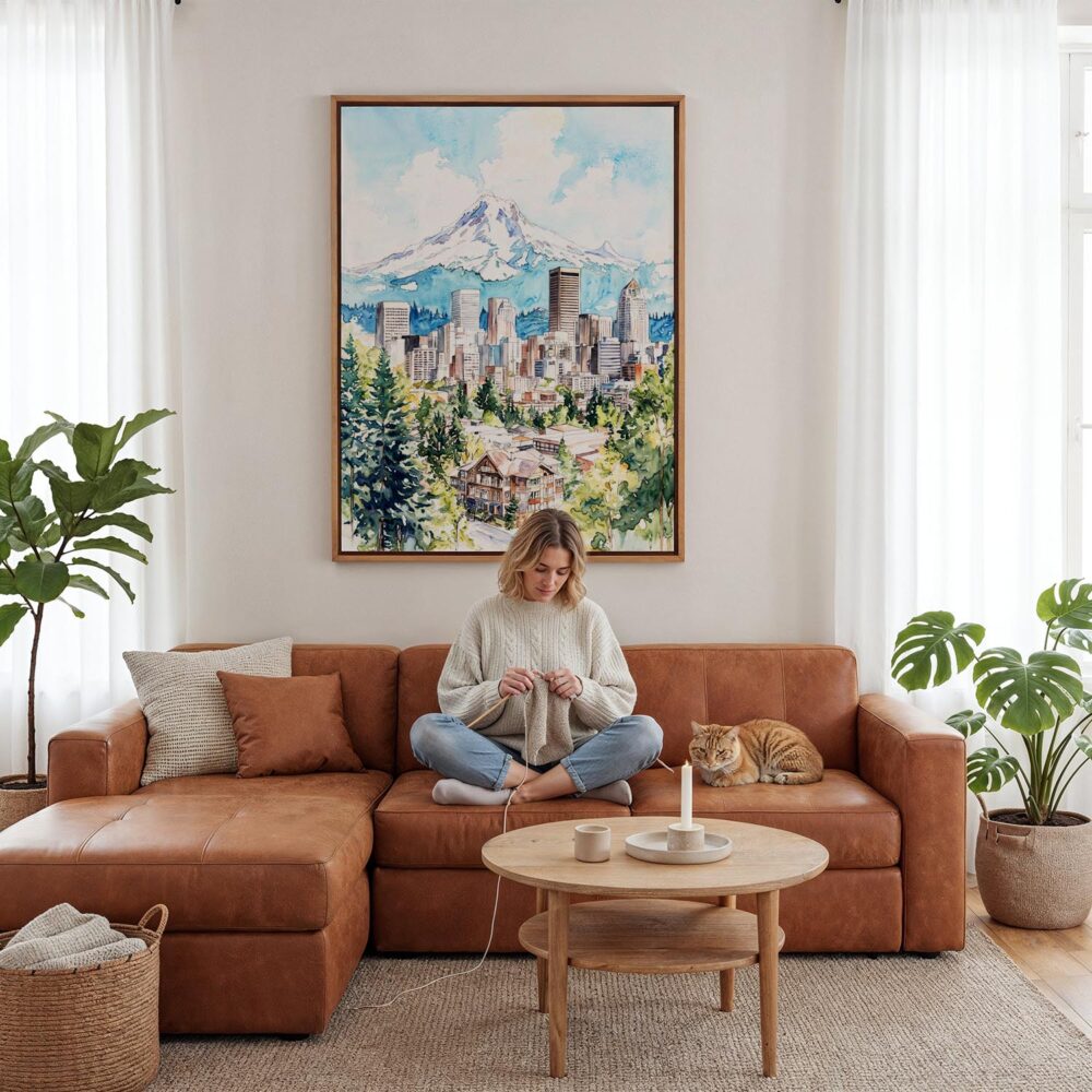 04 - Framed Portland Oregon Watercolor Canvas Print - Woman Knitting - Vertical.jpg 04 - Framed Portland Oregon Watercolor Canvas Print - Woman Knitting - Vertical.jpg