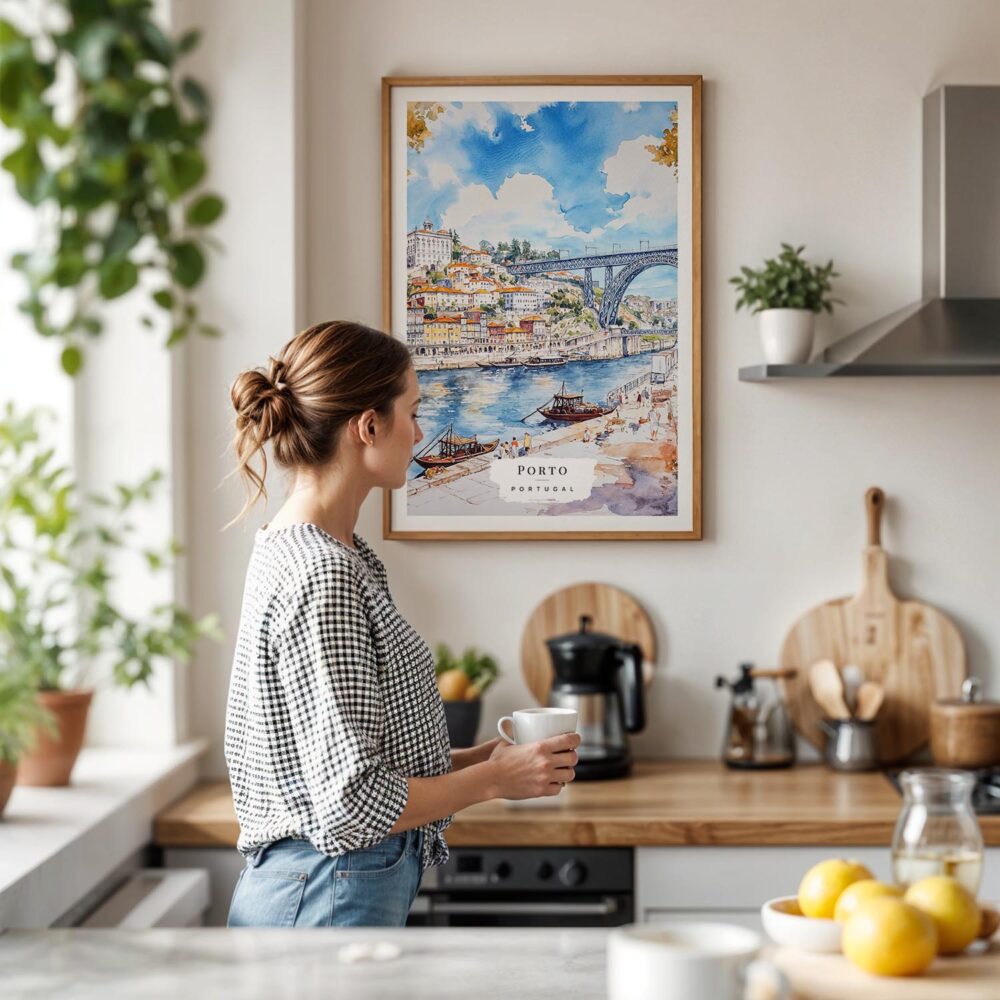 04 - Framed Porto Ribeira with Dom Luis Bridge Watercolor Art Print hanging in Kitchen with woman making coffee.jpg 04 - Framed Porto Ribeira with Dom Luis Bridge Watercolor Art Print hanging in Kitchen with woman making coffee.jpg