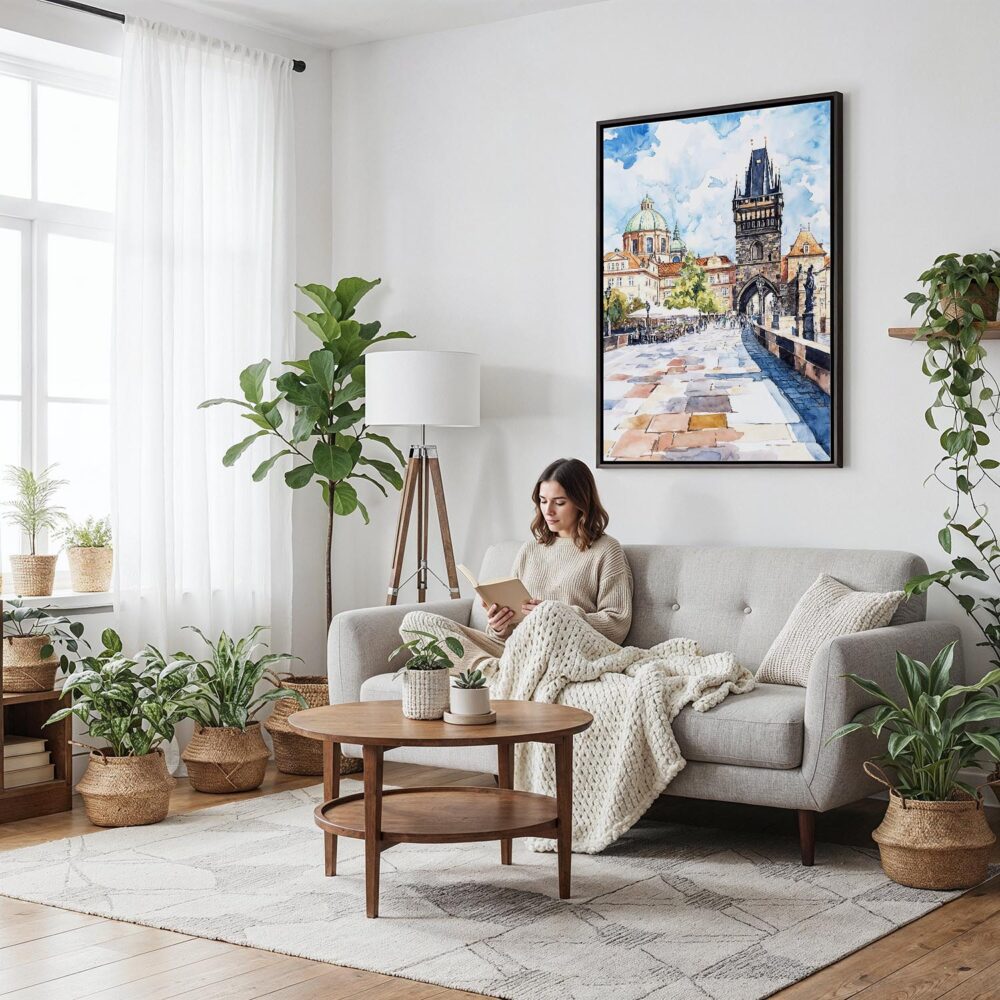 04 - Framed Prague Charles Bridge Watch Tower- Watercolor Canvas Print - Woman reading on couch - Vertical.jpg 04 - Framed Prague Charles Bridge Watch Tower- Watercolor Canvas Print - Woman reading on couch - Vertical.jpg