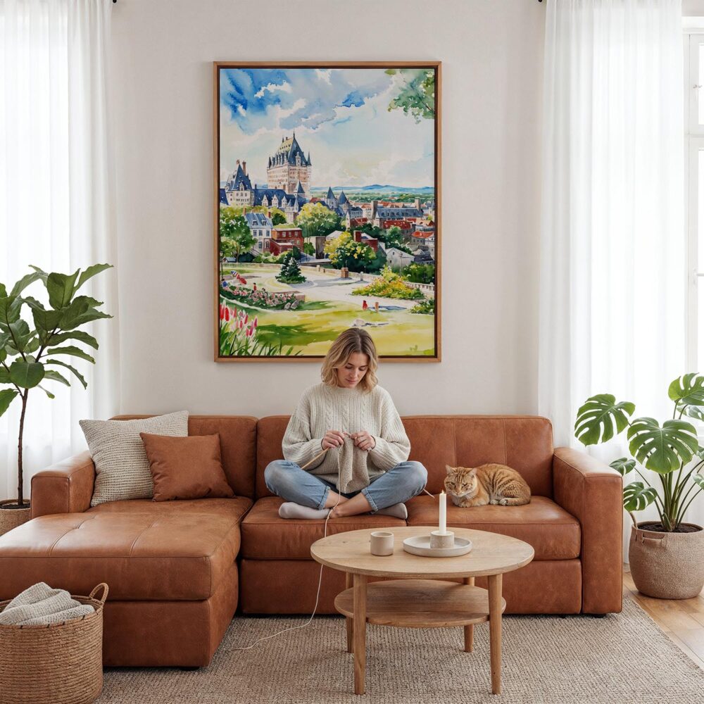 04 - Framed Quebec Château Frontenac Watercolor Canvas Print - Woman Knitting - Vertical.jpg 04 - Framed Quebec Château Frontenac Watercolor Canvas Print - Woman Knitting - Vertical.jpg
