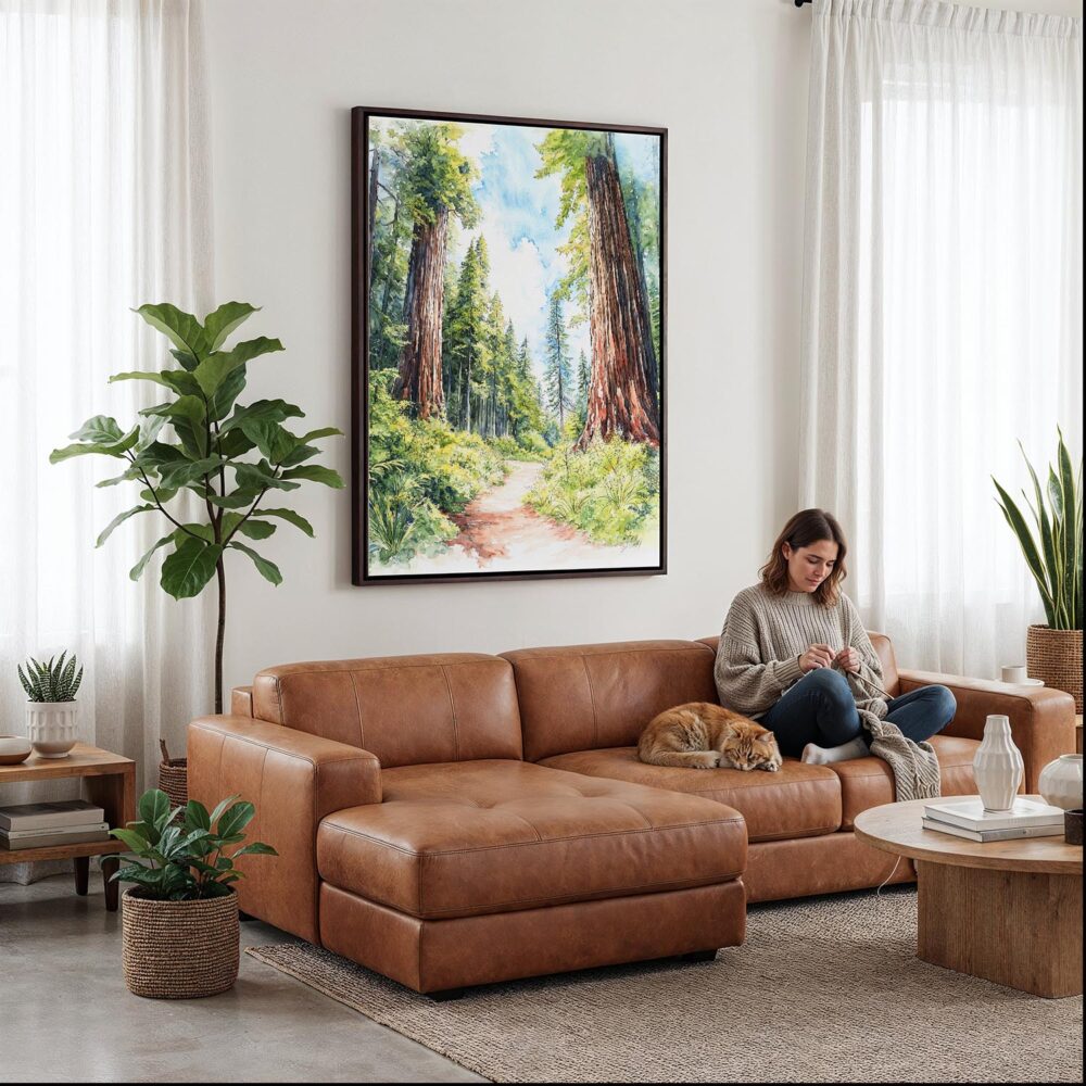 04 - Framed Redwood National Park California Watercolor Canvas Print - Woman Knitting on leather couch - Vertical.jpg 04 - Framed Redwood National Park California Watercolor Canvas Print - Woman Knitting on leather couch - Vertical.jpg