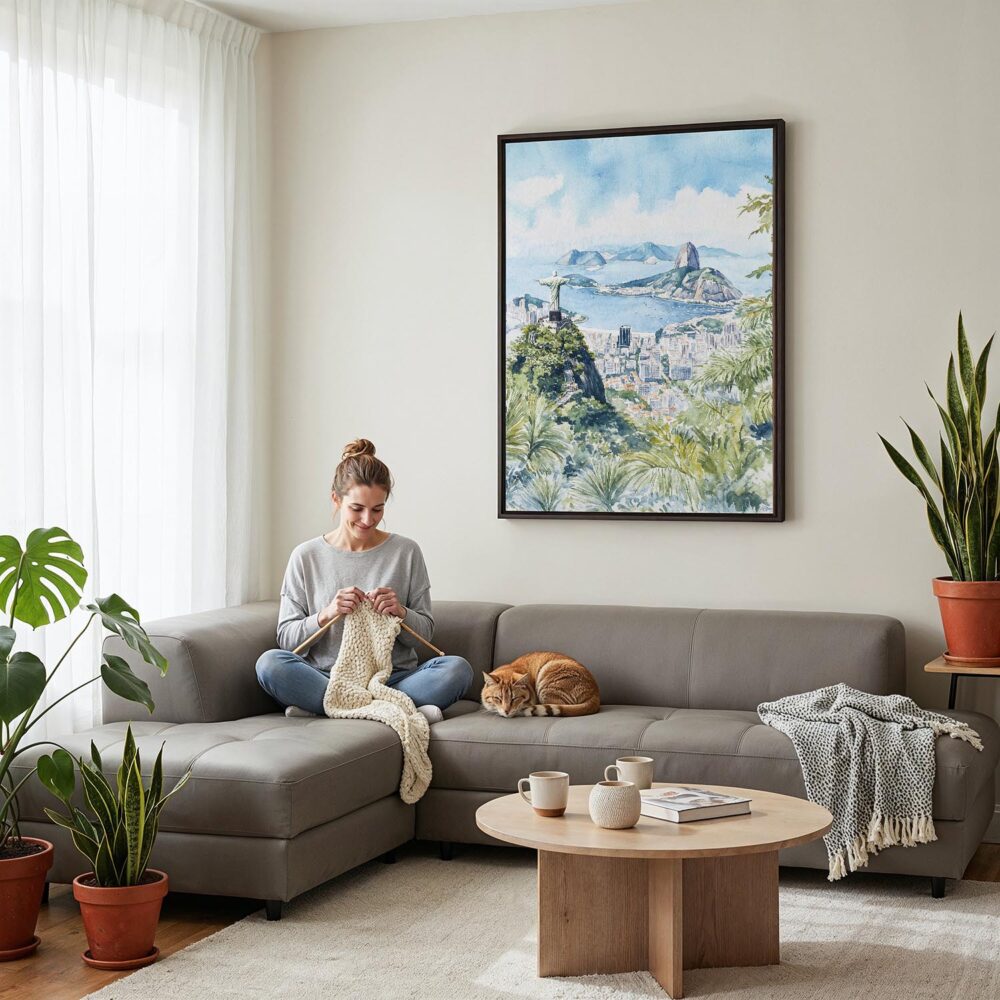 04 - Framed Rio De Janeiro Watercolor Canvas Print - Woman Knitting on grey couch - Vertical.jpg 04 - Framed Rio De Janeiro Watercolor Canvas Print - Woman Knitting on grey couch - Vertical.jpg