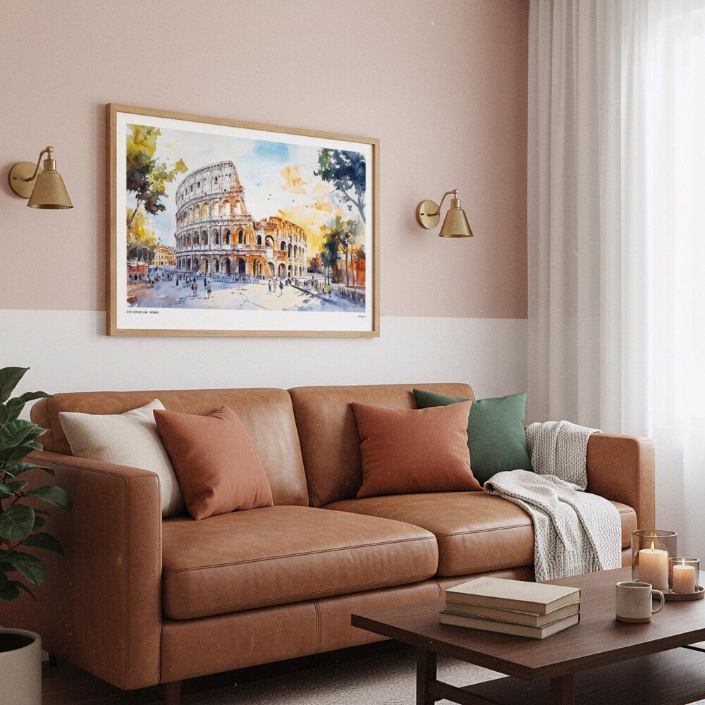 04 - Framed Rome Colosseum Watercolor - Horizontal Art Print hanging in Boho Living Room.jpg 04 - Framed Rome Colosseum Watercolor - Horizontal Art Print hanging in Boho Living Room.jpg